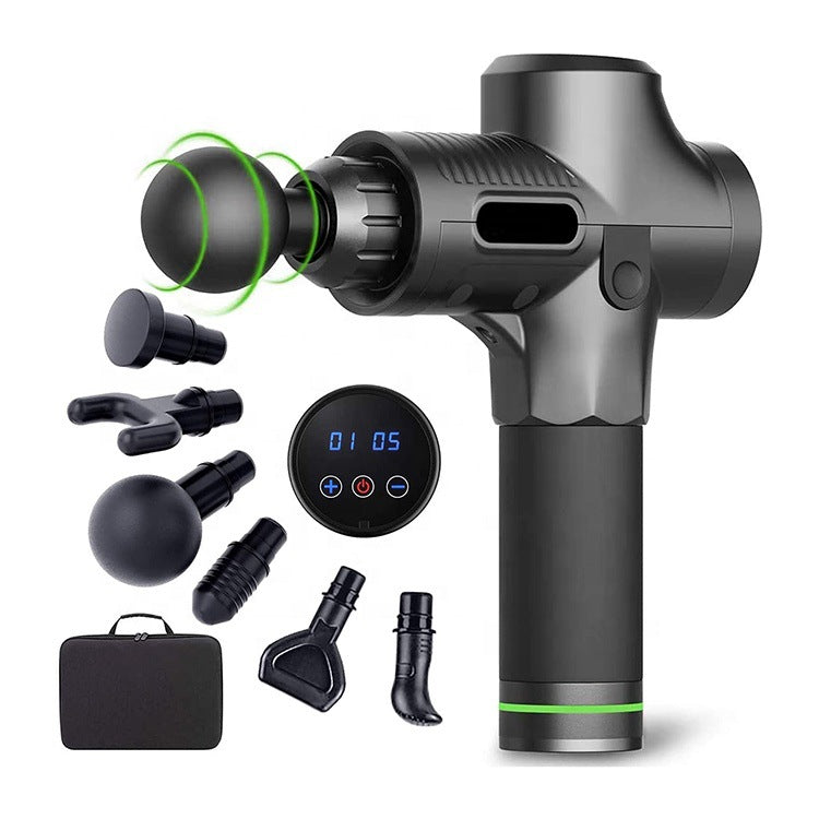 Black massage gun with attachments on a white background