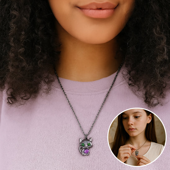 woman wearing a necklace with an owl pendant, inset showing close-up of the pendant.