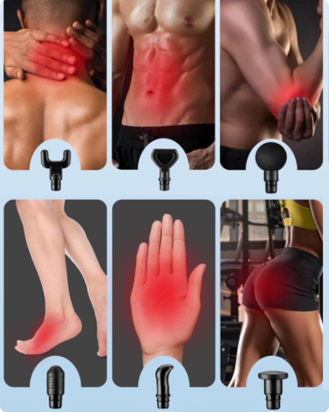 Illustrations of various body parts with red highlights indicating pain, accompanied by attachments for a device.
