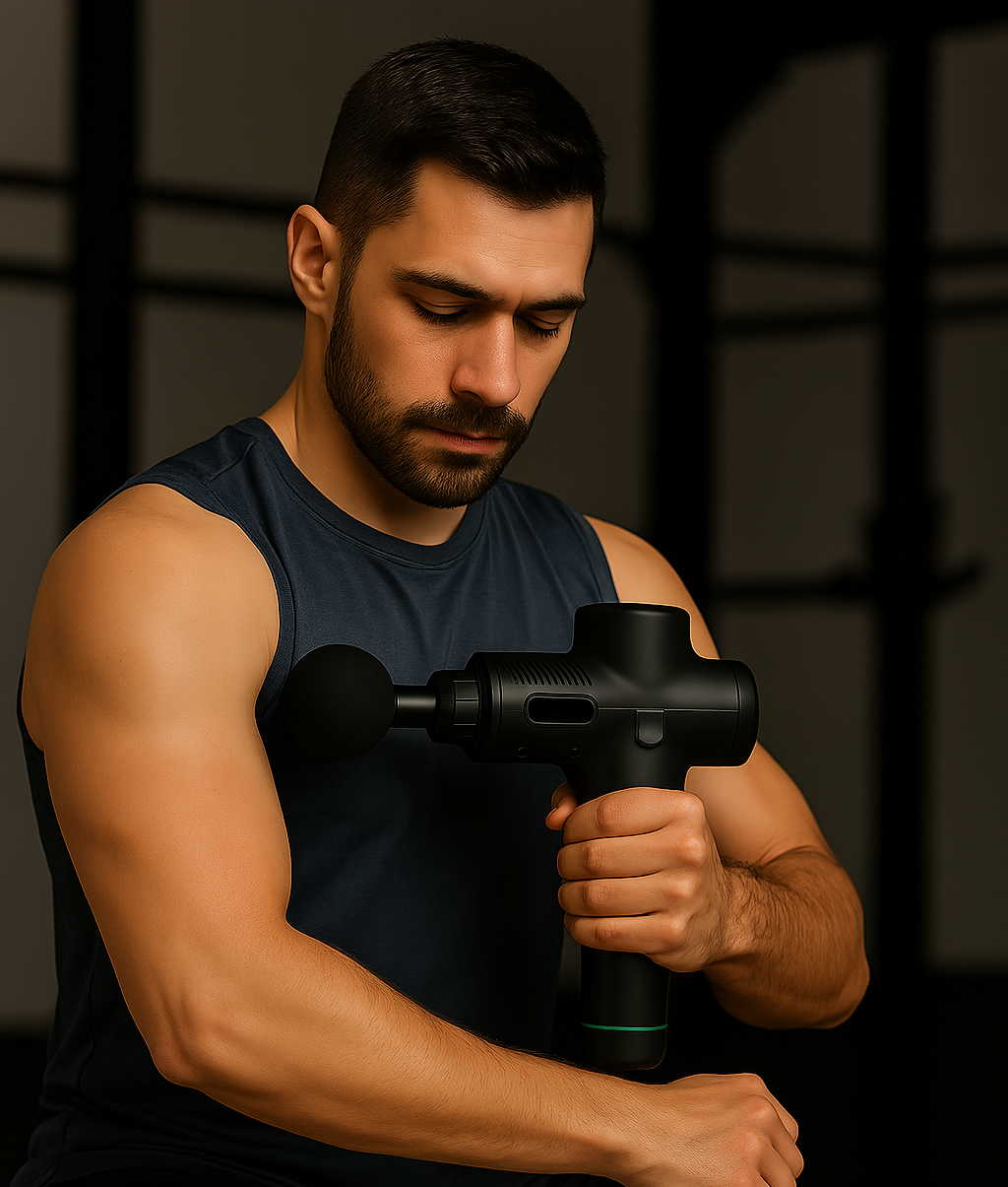man using a massage gun on his arm against a dark background