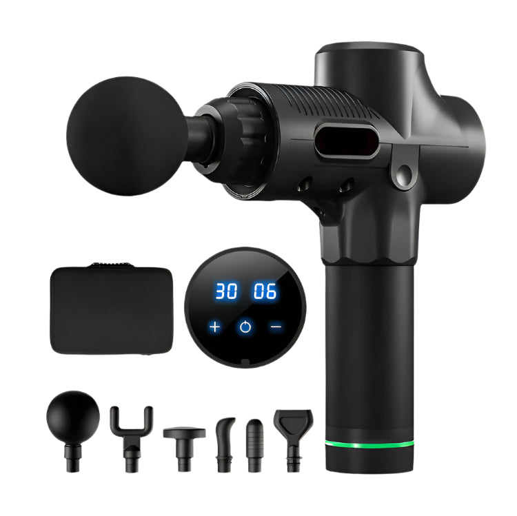 Black massage gun with attachments on a white background