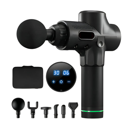 Black massage gun with attachments on a white background