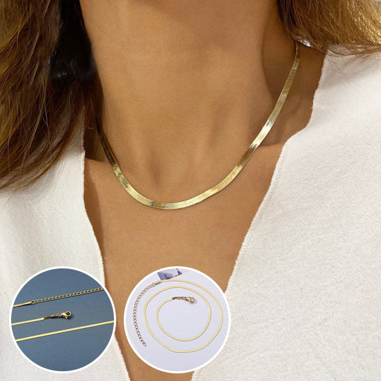 gold necklace worn by a person with close-up insets showing necklace details.