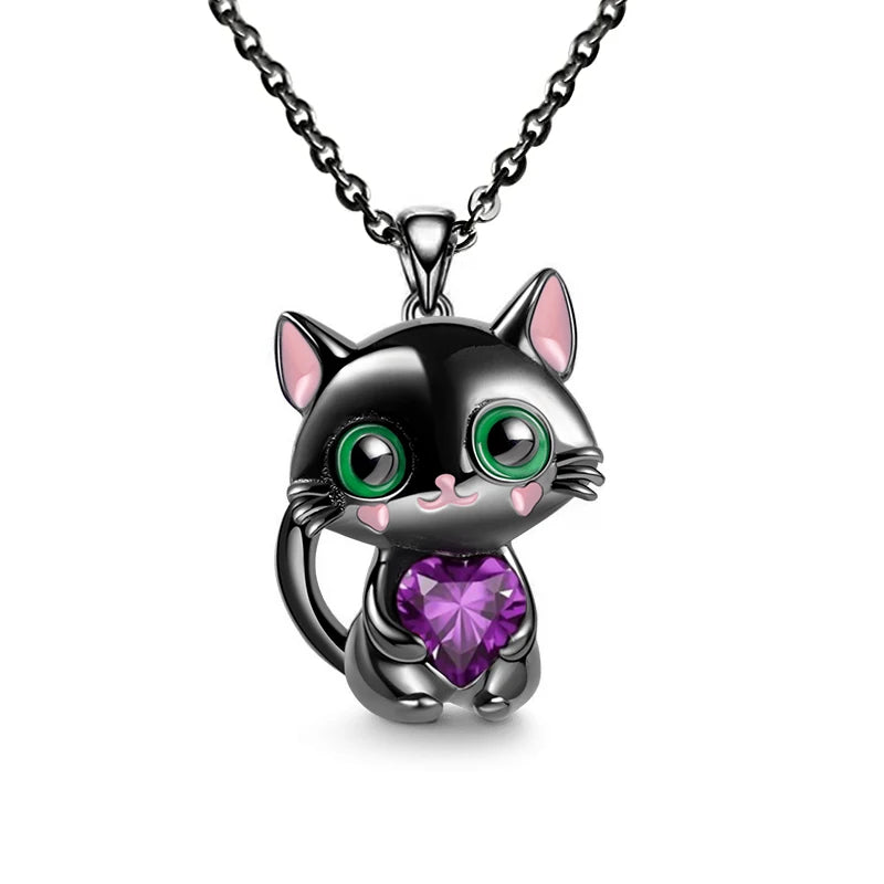 Cat-shaped necklace with a purple heart pendant on a white background