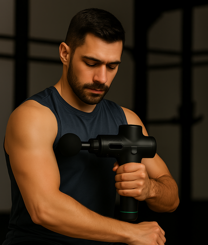 Man using a massage gun on his arm against a dark background